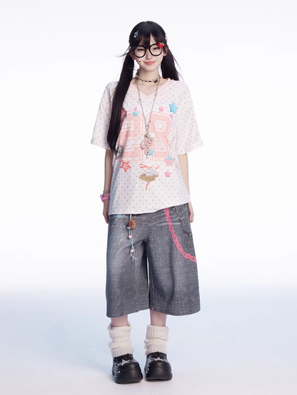 Dot White V-neck Number and Star Print Polka T-shirt