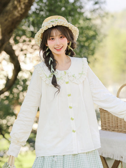 White Lace Trim Rounded Flat Collar Green Bow-Shaped Buttons Blouse