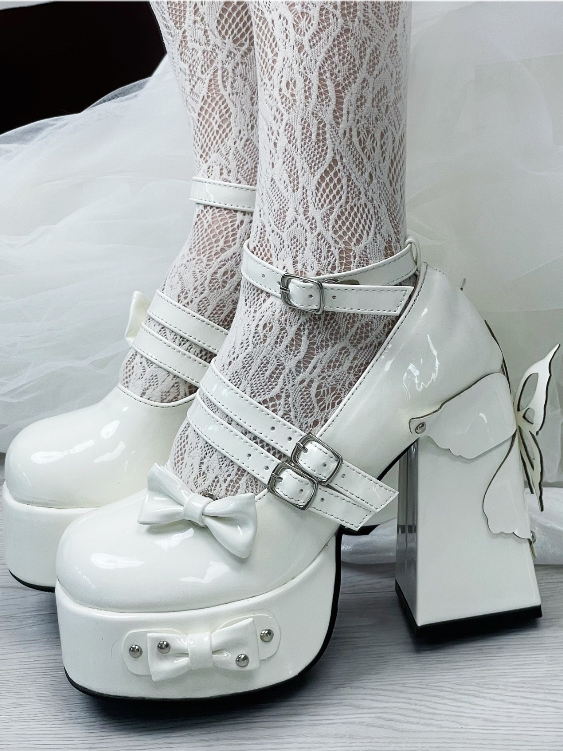 Milk White Bowknot Stud Butterfly Platform High Block Heels Lolita Shoes