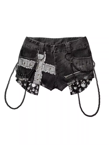 Denim Shorts Black Cross Applique Studded Glamorous Beaded Chain with Punk