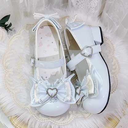 Sweet Lolita Light Blue Bowknot Heart Buckle Strap Block Heel Mary Janes