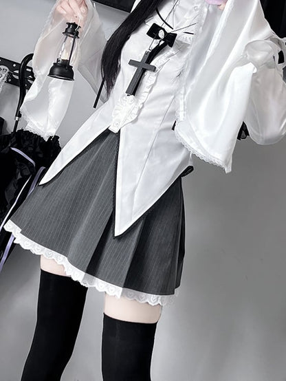 Gothic White Sailor Collar Shirt+Gray Lace Trim Striped Skirt+A Black Bow Jirai Kei Set