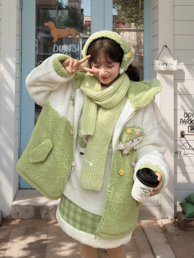 Cute Lamb Applique White and Green Colorblock Design Fleece Zip Hoodie