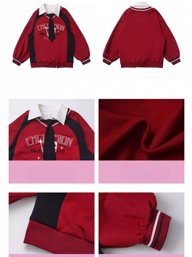 Red SideSlit Shirt Collar Preppy Style Sweatshirt with Free Tie