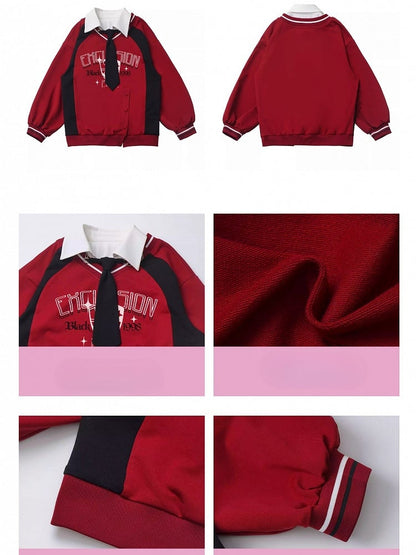 Red SideSlit Shirt Collar Preppy Style Sweatshirt with Free Tie