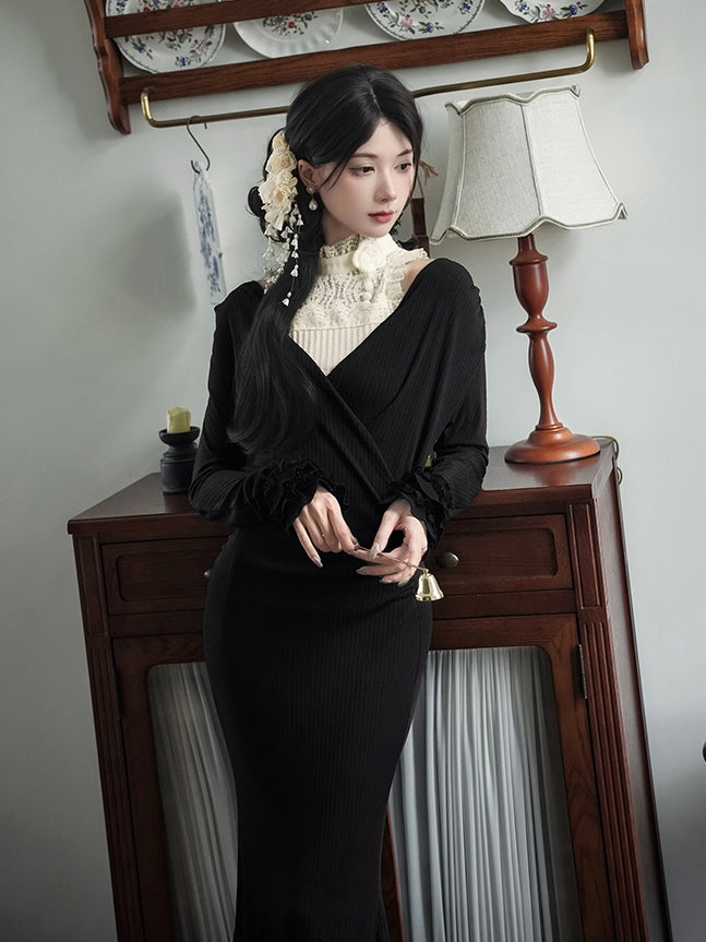 V-Neck Deep + Dress Knit Slim-Fit Sleeveless Flower Hairclip Top Black Beige Mermaid Elegant