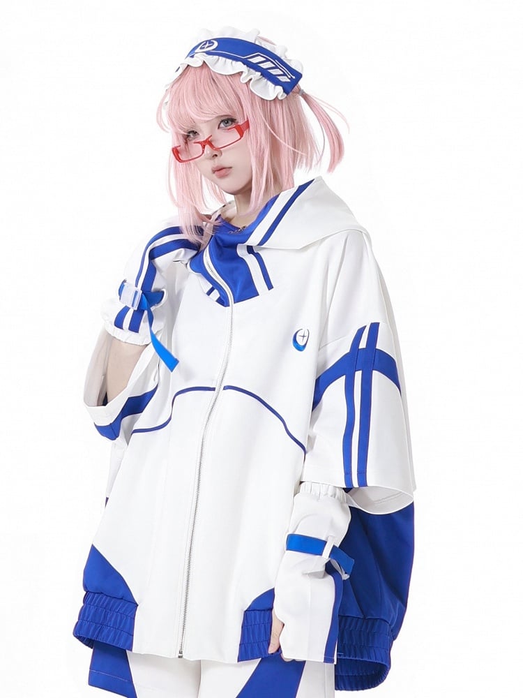 Blue and White Jirai Kei Techwear Straps Design Short Sleeves Zipper Hoodie