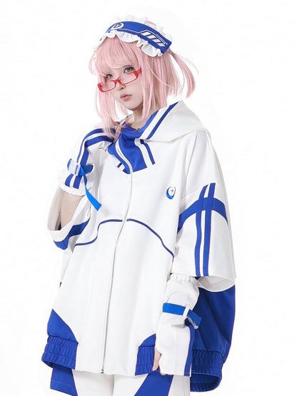 Blue and White Jirai Kei Techwear Straps Design Short Sleeves Zipper Hoodie