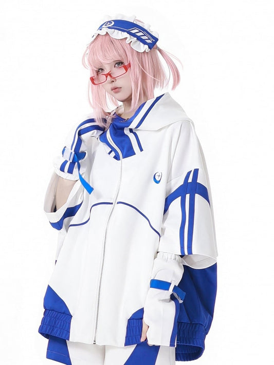 Blue and White Jirai Kei Techwear Straps Design Short Sleeves Zipper Hoodie