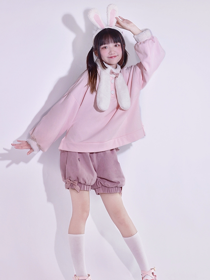Pink Cute Bunny Ears Plush Collar Sweatshirt