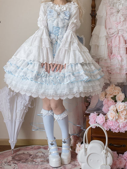 Blue Hanayome Bowknots Layered Skirt Sweet Hime Lolita Jumper Skirt Set