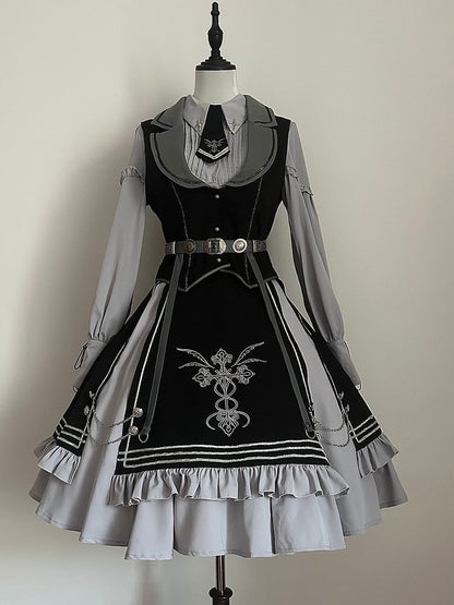 Shirt + Lolita Waistcoat Sleeves Set- Black Long Gray And Skirt Military