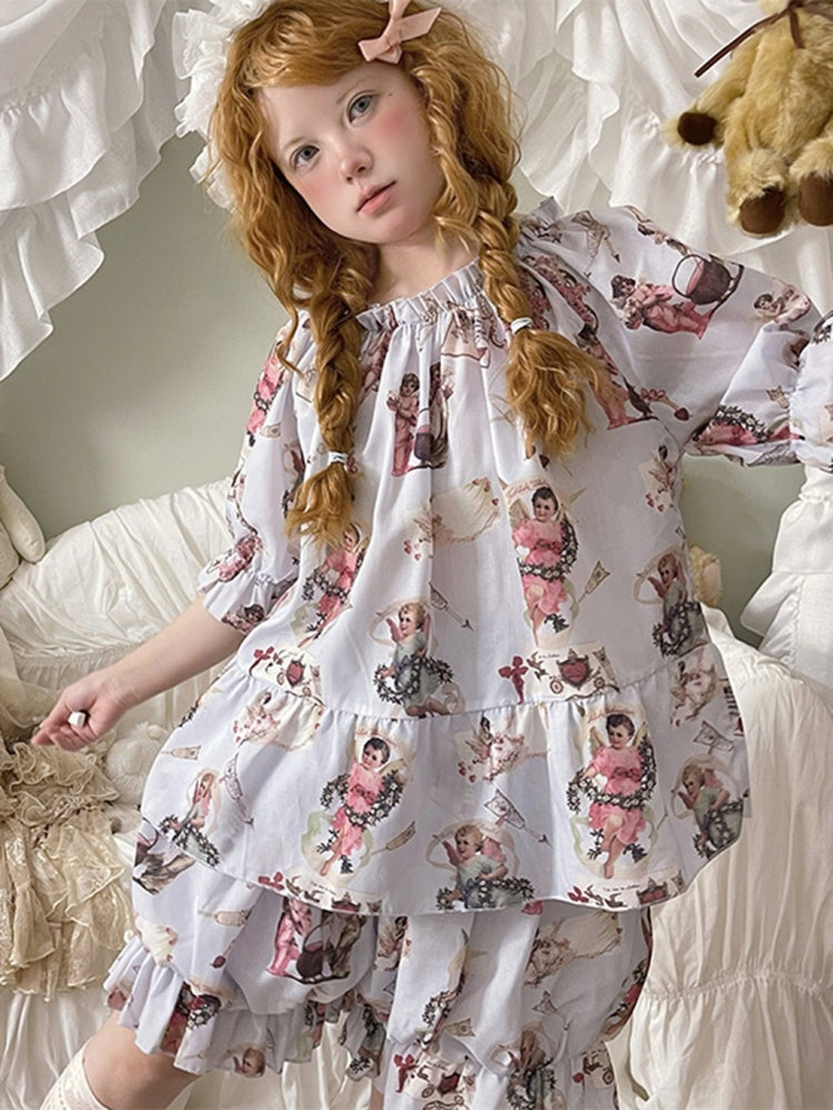 Sweet Pajama Set - Puff Sleeves Print Top and Bloomer Shorts