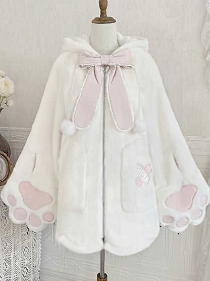 White and Pink Lolita Oversized Bunny Ears Hooded Plush Coat Leg Warmers