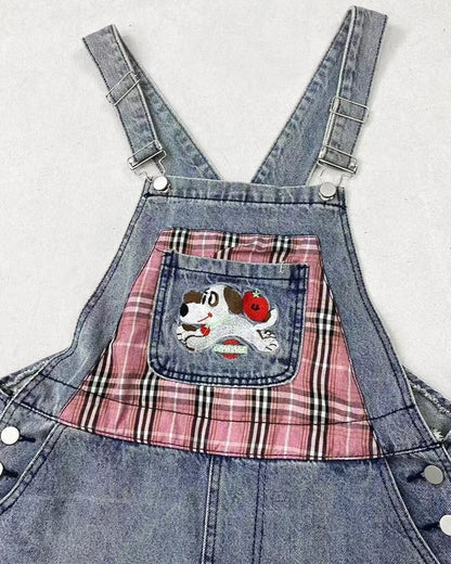 Pocket Jeans Puppy with Summer Waist Cute Accessory Plaid Overall