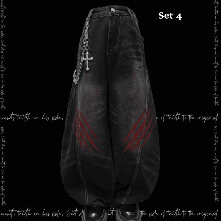 Faded Scratch Print Distressed Punk Wide-Leg Jeans Wash Black