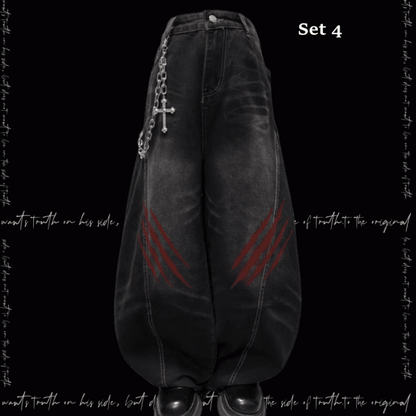 Faded Scratch Print Distressed Punk Wide-Leg Jeans Wash Black