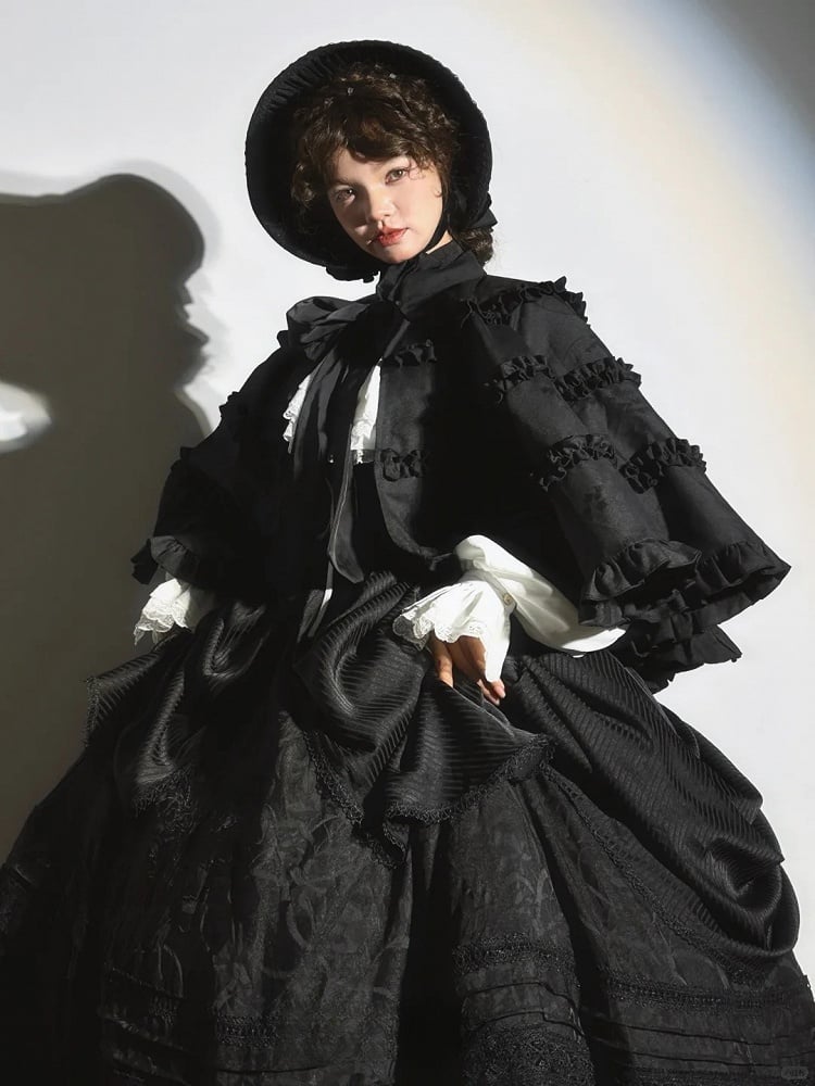 Black Collar Cape Banded Ruffled Lolita with Trims