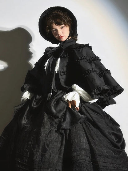 Black Collar Cape Banded Ruffled Lolita with Trims