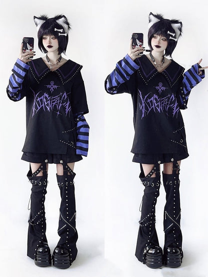 with in Sleeves Purple Pointed Black Top Graphic Contrast Striped White / Sailor Collar