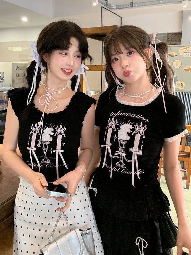 Black Square Neck Candlestick Print Drawstring Hem Lace Trim T-Shirt