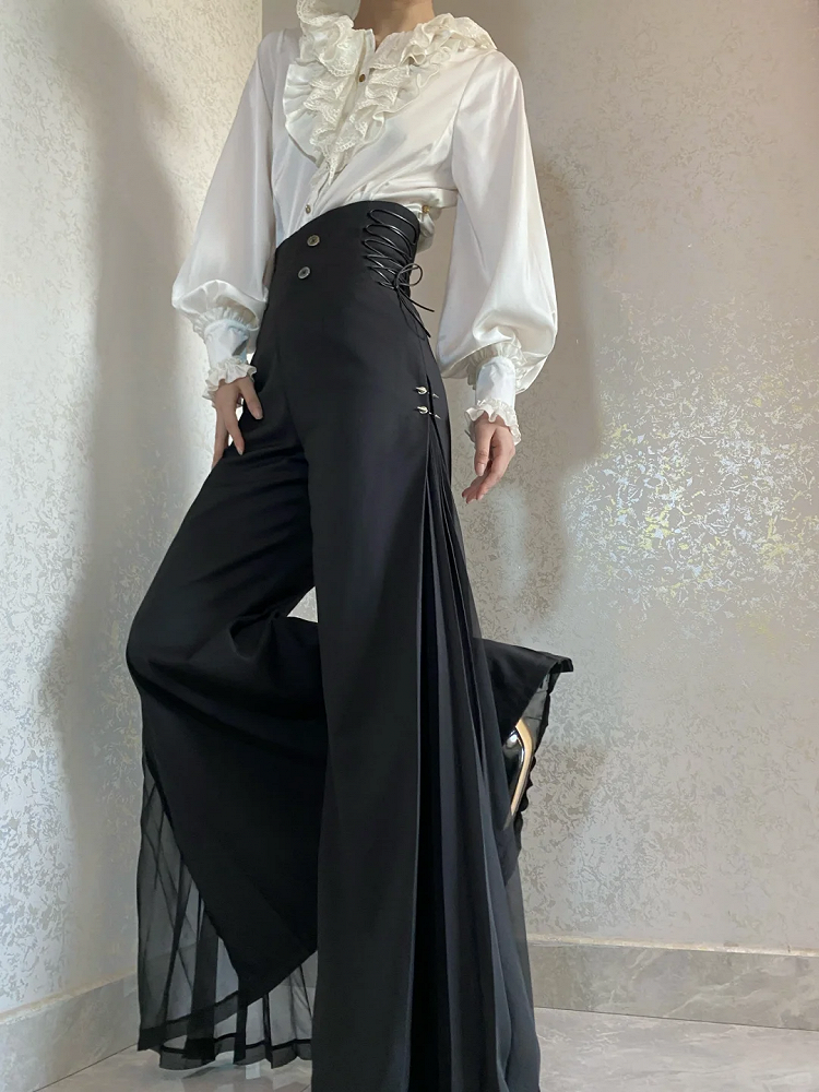 Pleated Ouji Wide-leg Pants High Fashion Chiffon Black Side Panel with Waist