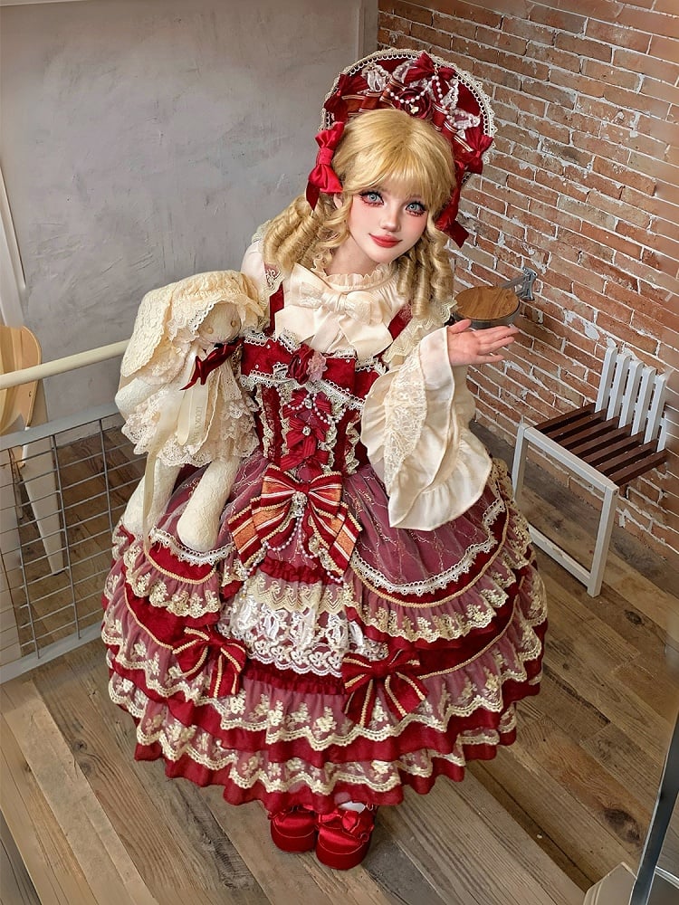 Dress Chain Red Gorgeous Bead Princess Neckline Lolita Flower Bow