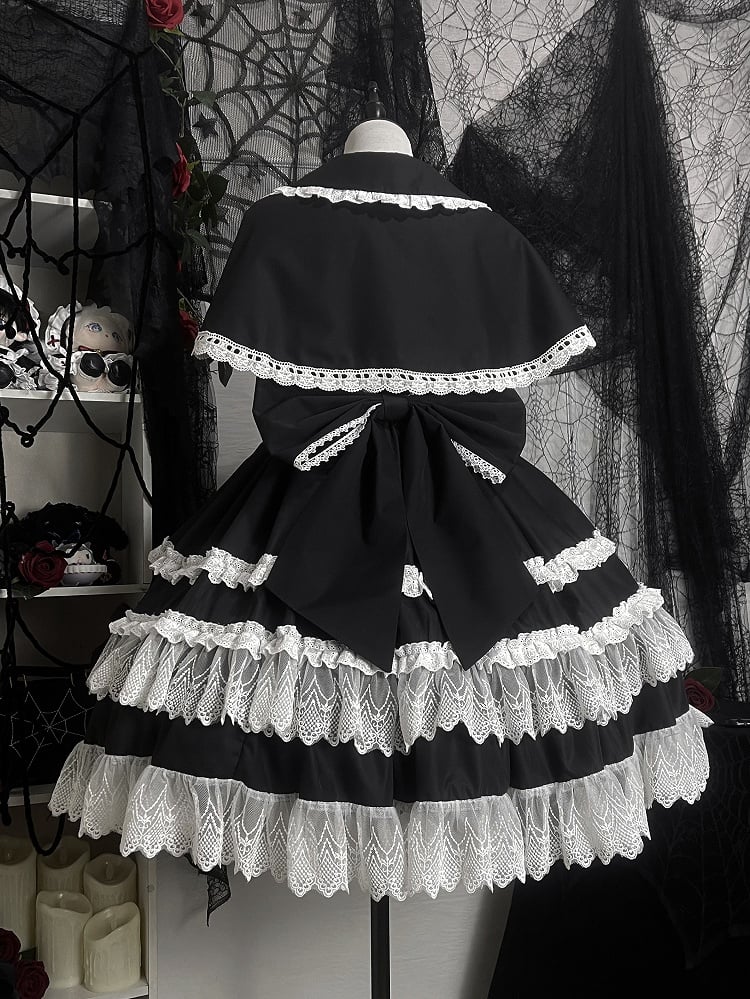 Black and White Old School Lolita Fashion Dress Bowknot Lolita JSK Set