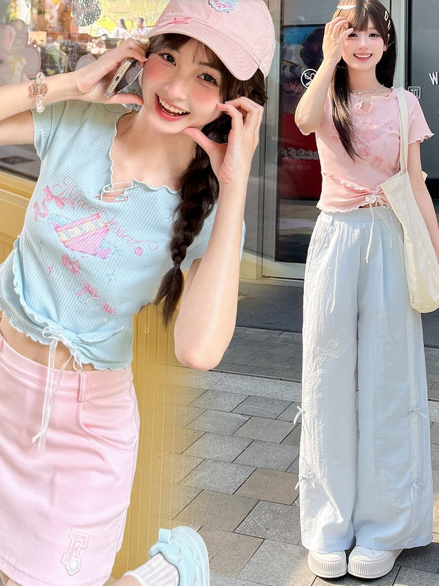 Neckline Pin Sweet T-Shirt Pink/Blue Cake Print Details Hem Lettuce Hem Big Bow