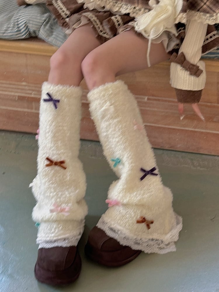 White Sweet Bowknot Lace Trim Leg Warmers