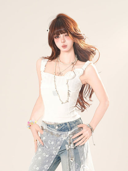 White/Black Sleeveless Top Square Neck Floral Embellished