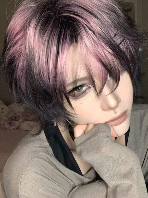 Black Color Length Highlight 35CM Short and Ouji Pink Wig Hair