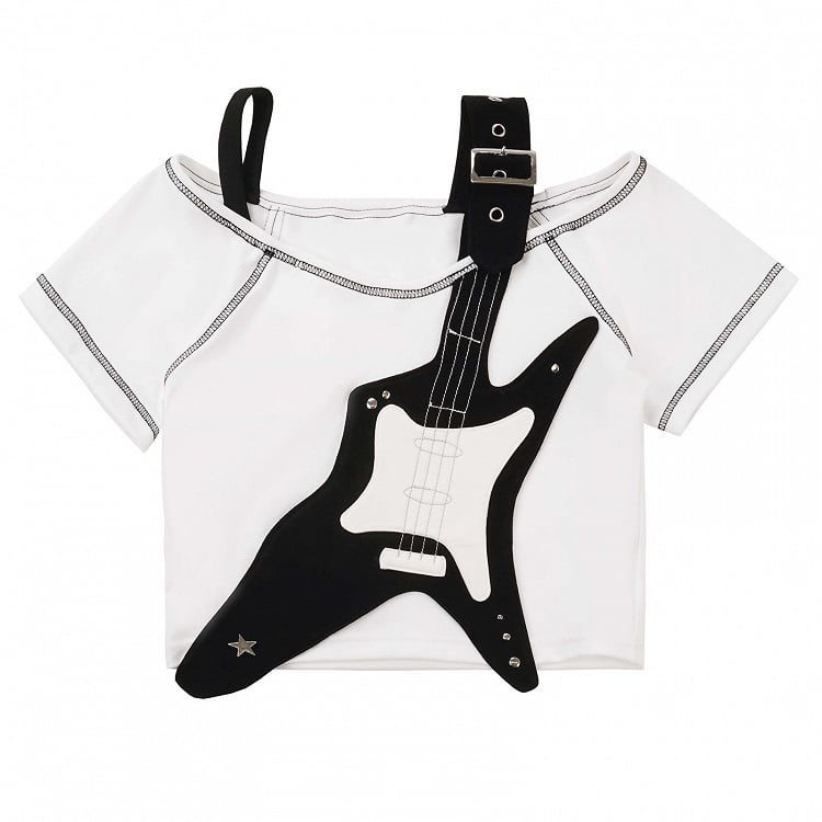 Weißes T-Shirt mit Applikation und schwarzer Gitarre