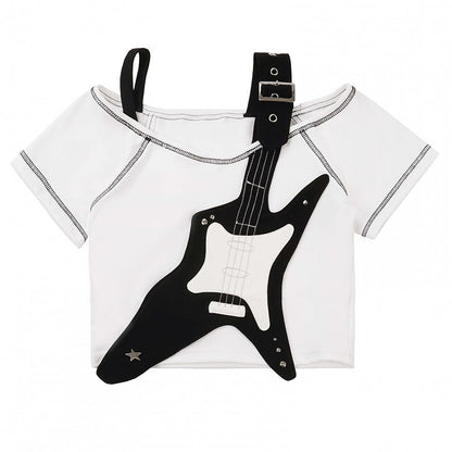 Weißes T-Shirt mit Applikation und schwarzer Gitarre