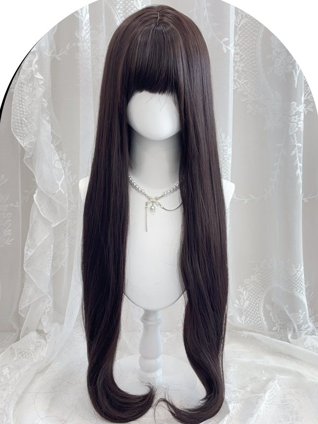 Black Tea Waist Legnth Straight Synthetic Wig With Full Bangs