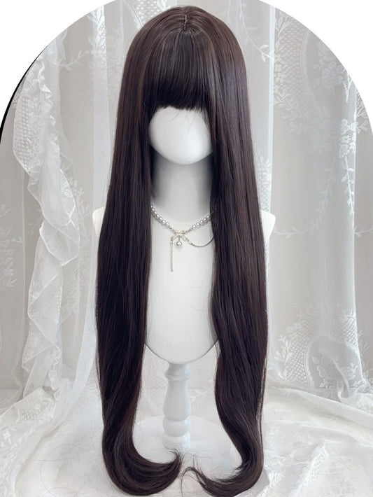 Black Tea Waist Legnth Straight Synthetic Wig With Full Bangs