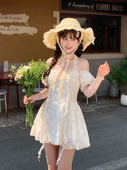 Waist Sweet White Puff Sleeves Basque Halter Neck Floral Dress