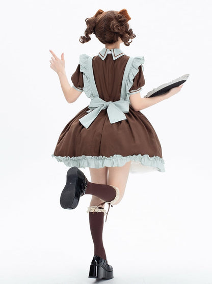 Dress Puff Short Lolita Sleeves Brown Kitty Mint Green + Maid and Apron