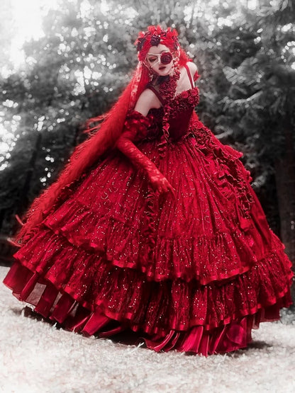 Hanayome Waist Boned Floor Corset Length Gown Hime Dress Red Ball Lolita