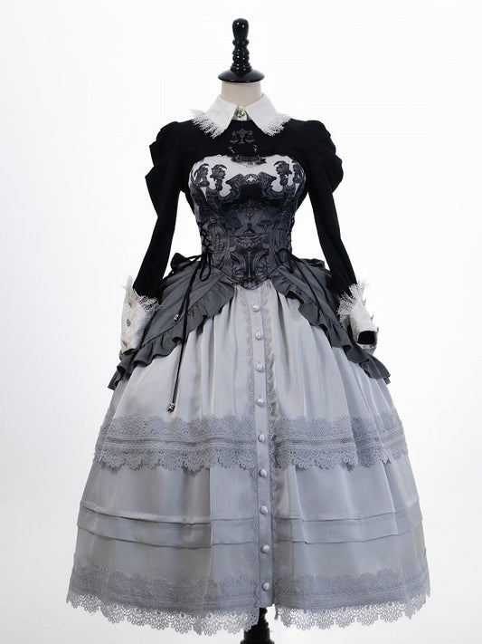 with Corset Lolita Belt Gray Waist High Detachable Overlay Gothic Skirt Boned