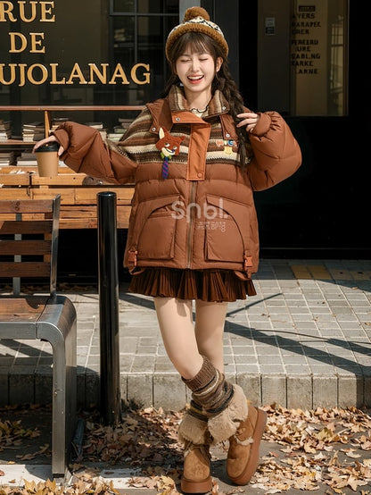 Patchwork Design Brown Hooded Down Jacket