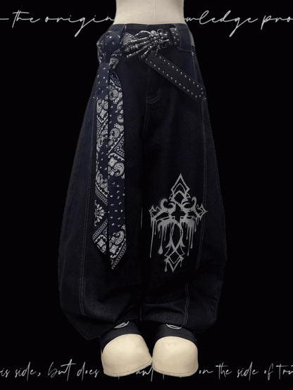 Dunkelblaue Jeans mit weitem Bein und Kreuzmuster