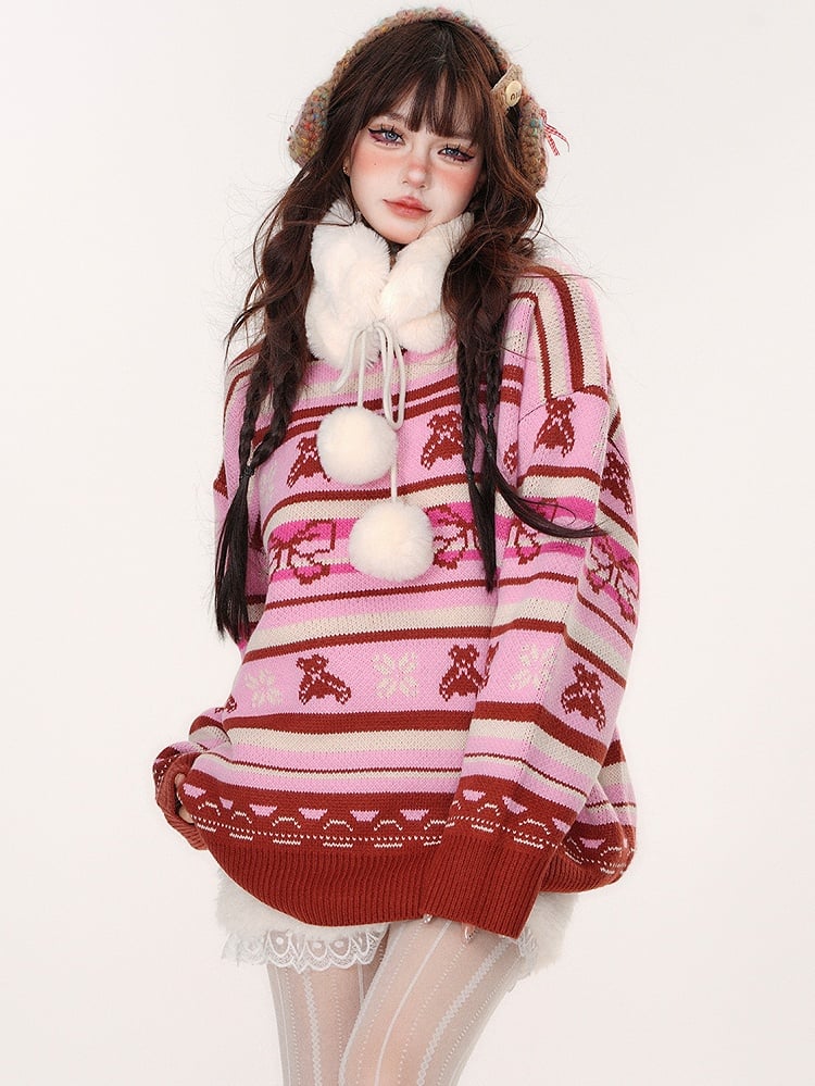 Bows and Teddy Bears Pink Striped Loose Sweater