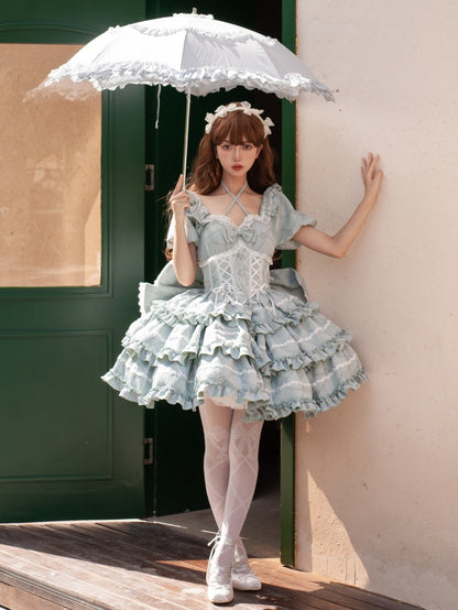 Green Corset Waist Dress Ruffle Skirt Princess