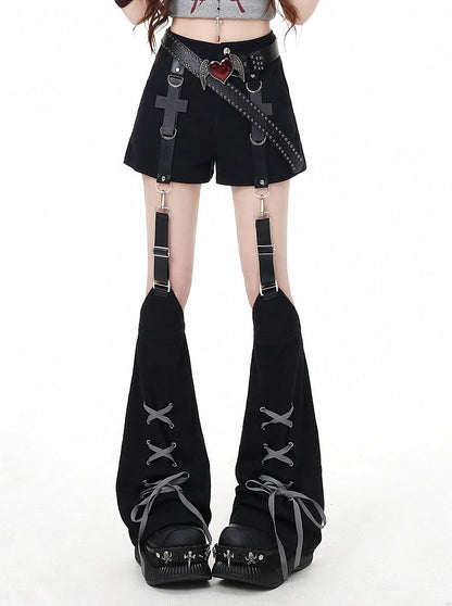 Black Shorts Detail Embellished Lace-up Cross with Leg Warmers Detachable