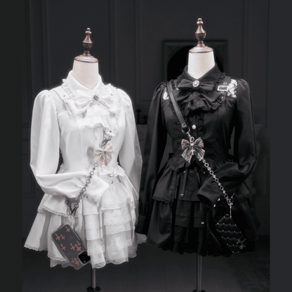 Adorned Blouse Illusion with Strap Details Buckle Neckline White Kei Jirai