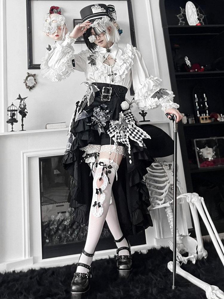 Lolita High-low Skirt Outfit Vibes Black Belt Ouji Shorts Circus Print + Shirt Bunny Corset - White