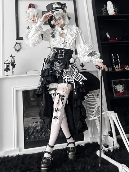 Lolita High-low Skirt Outfit Vibes Black Belt Ouji Shorts Circus Print + Shirt Bunny Corset - White