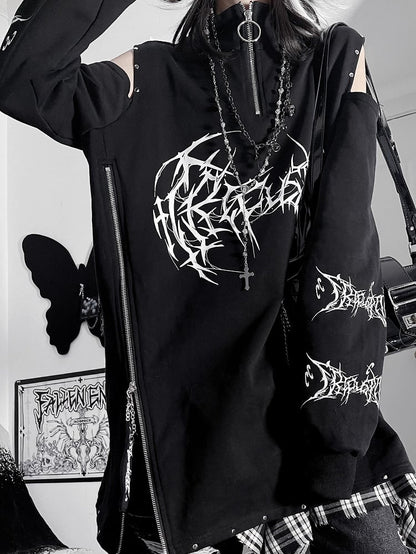 Emo Punk Shoulder Cutout BlackRed Sweatshirt Design