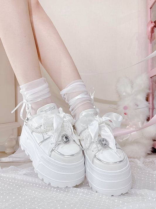Jirai Kei White Rhinestone Platform Shoes with Detachable Beaded Chain